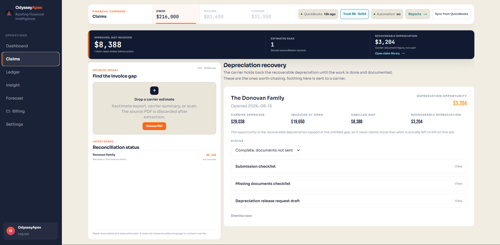 Odyssey Apex Claims screen showing a carrier estimate comparison and depreciation recovery case